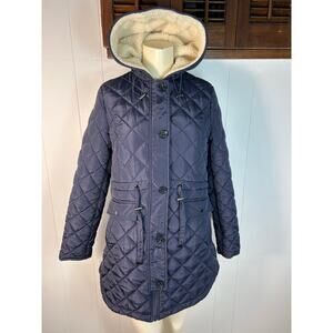 French Connection women's hooded longline quilted parka in navy blue Size S